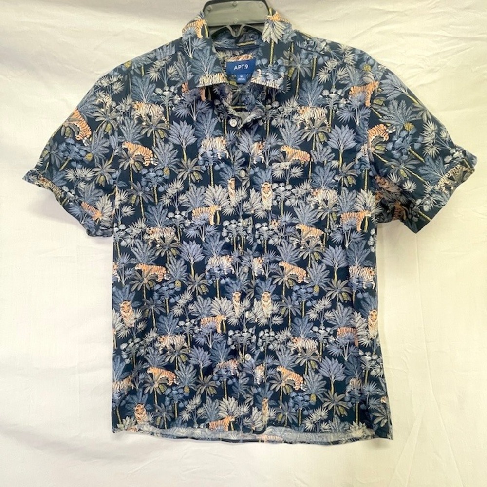 Apt.‎ 9 Navy Blue Tiger in Jungle Short Sleeve Men's Shirt Medium